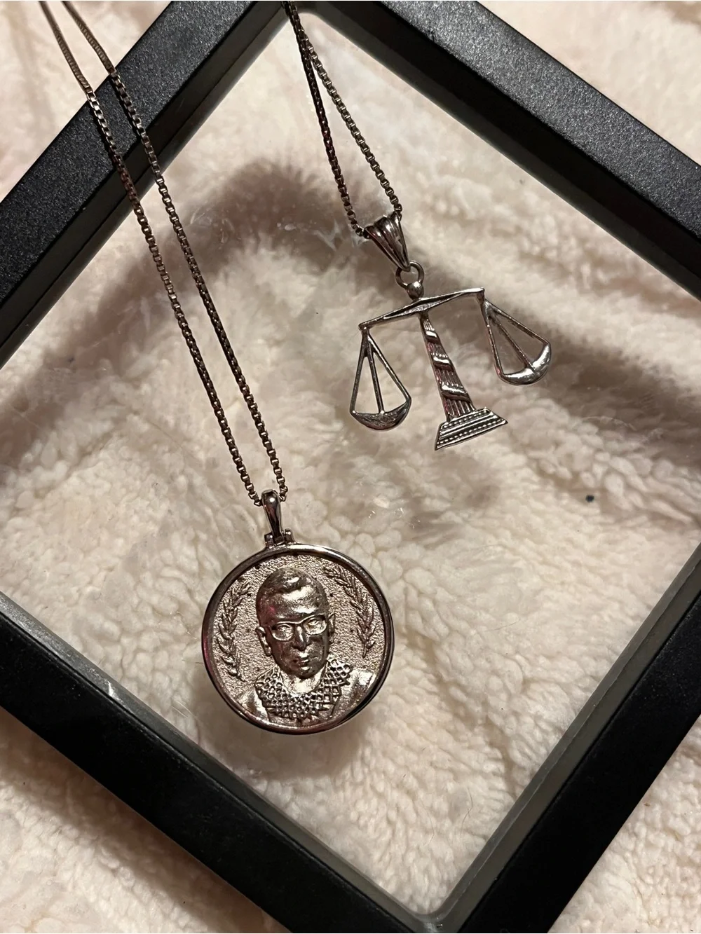 Sterling Silver Awe Inspired Ruth Bader Ginsburg pendant + Scales of Justice